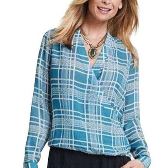 CAbi Tops - CAbi windowpane plaid faux wrap long sleeve blouse Small #3068